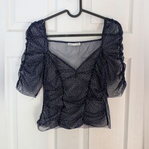 Zara Navy Blue Polka Dot Sheer Top